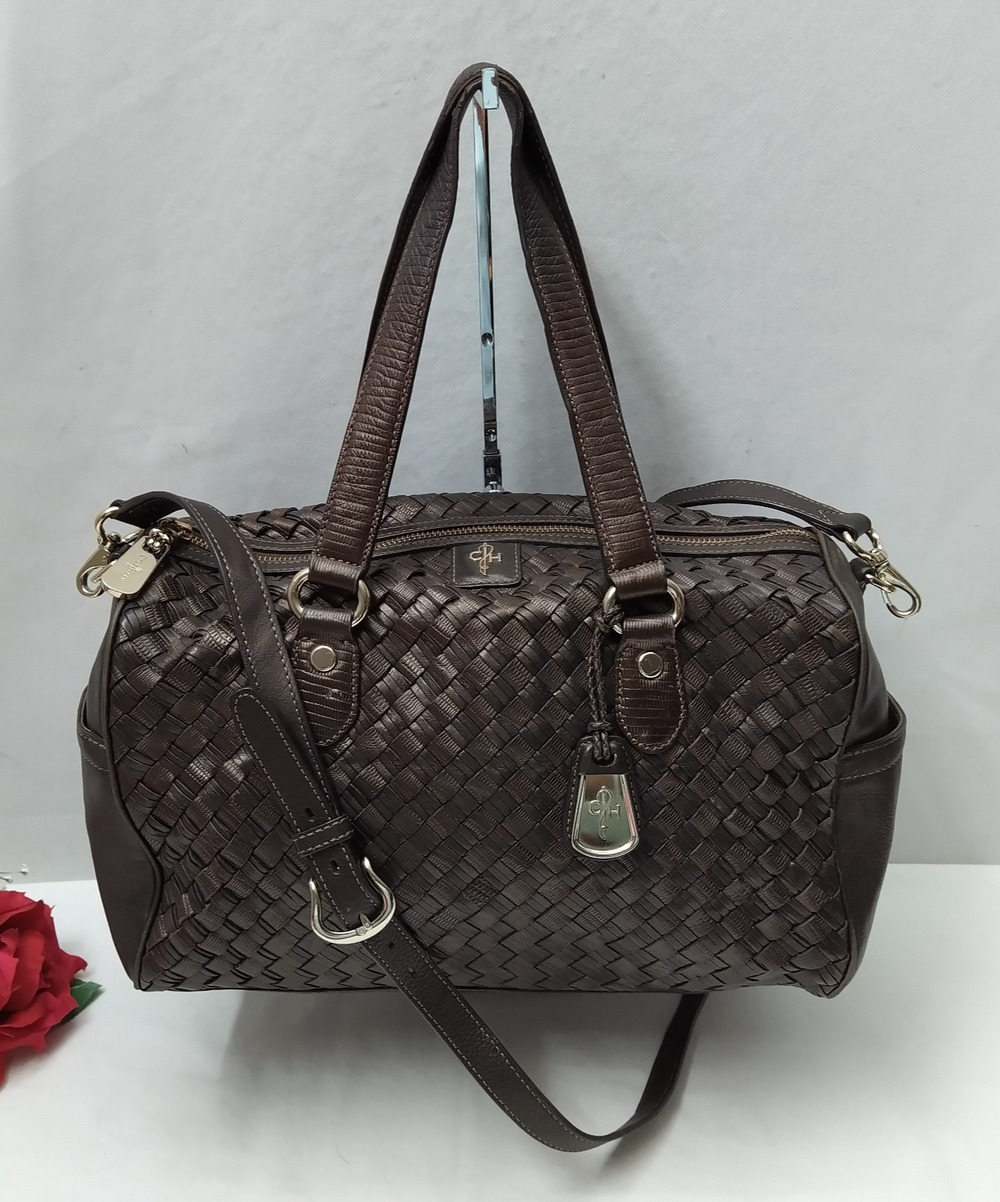Cole Haan Brown Leather Woven Double Handles Zipper Closure Satchel Bag